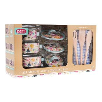 Zestaw aluminiowych Garnków dla dzieci 3+ Akcesoria 10 el. + Przybory kuchenne + Rękawica kuchenna